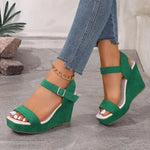 2026 New Platform Wedge Sandals Solid Color Round Headed Square BuckleHigh-heeled Sandals