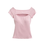 Korean Style Goddess Off-Shoulder Casual Elegant Sexy Hot Girl Top Women Hollow Out Short Sleeved Solid Color T-Shirt Charm 7O4B
