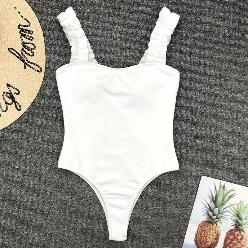 Ribbed Ruffled Frilled Trim Female Swimwear One Piece Swimsuit Women Monokini High Leg Cut Bathing Suit Swim Bodysuit Beach Wear