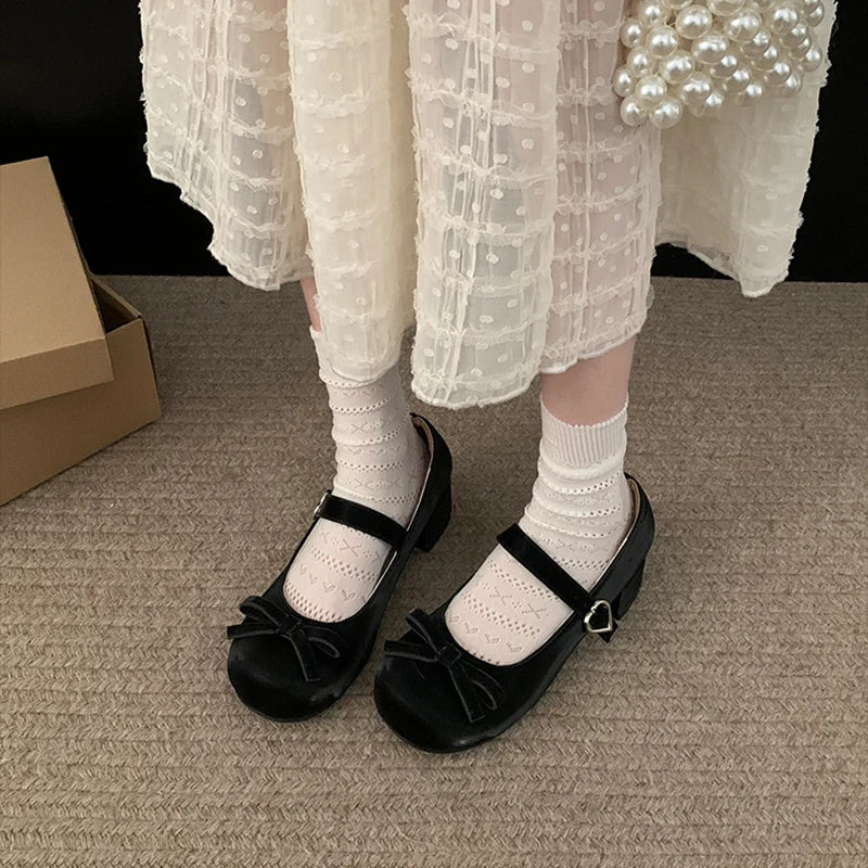 Preppy Butterfly-Knot Low Heel Mary Janes Women Vintage Solid Buckle Strap Pumps Woman Cute Sweet Lolita Single Shoes for Ladies