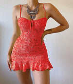 Floral Print Spaghetti Strap Dresses Women Sexy Low Cut Hollow Out Leace-up Package Hip Ruffles Mini Dress Female Vestidos 2024