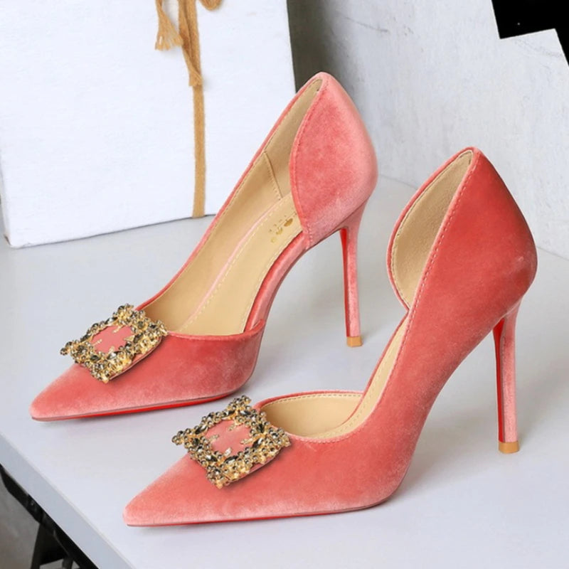 Women 10cm Super High Heels Pointed Toe Side Hollow Work Pumps Metal Crystal Buckle Velvet Stiletto Fashion Banquet Lady Shoes