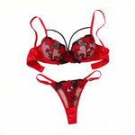 Red Floral Embroidery Satin Mesh Lingerie Set Underwire Bra With Matching Thong Women Sexy Intimates ZA825127