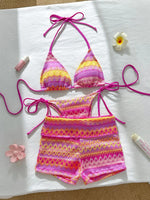 Sexy Red Striped Knitted Bikini Set 2026 Women Patchwork Push Up Bra Thong Swimsuit Beach Bathing Suit Cover Up 3 Piece Swimwear