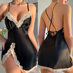 Spaghetti Strap Silk Nightgown Summer Pajamas Short Sleepwear Solid Color Embroidered Bra Split Hem Designs Women's Night Dress