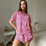 Leopard Print Pajama Set Casual Short Sleeve Top And Matching Elastic Shorts Stylish Comfortable For Ladies Summer Loungewear