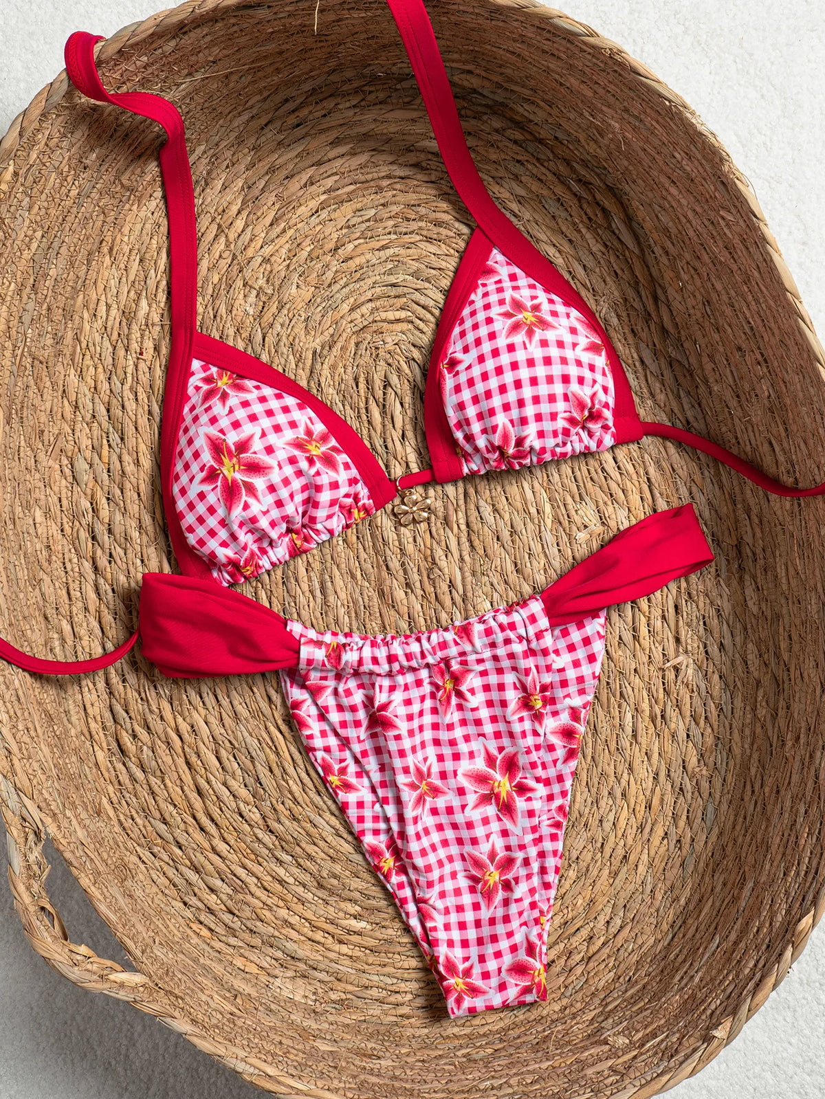 Sexy Red Plaid Floral Print Bikini Set Push Up Bra Pleate Thong Swimsuit Women 2026 Summer Bathing Suit Holiday Swimwear Biquini