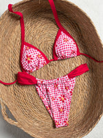 Sexy Red Plaid Floral Print Bikini Set Push Up Bra Pleate Thong Swimsuit Women 2026 Summer Bathing Suit Holiday Swimwear Biquini