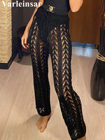 S - XL Women Crochet Knitted Beach Pants Hollow Out Elastic Straight Casual Trouser Holiday Beach Wide Leg Bikini Cover Up V2651