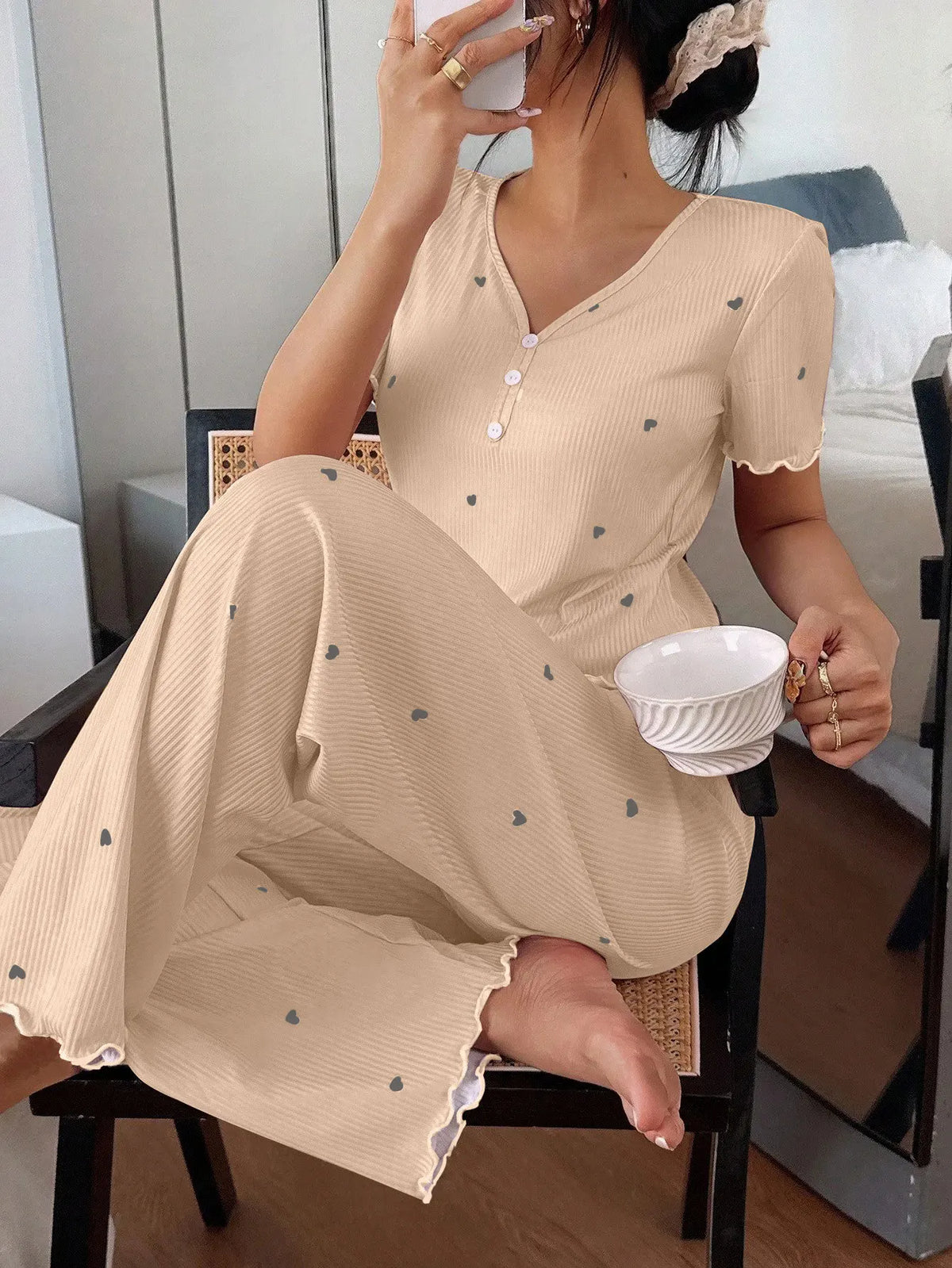 Autumn Winter Women's Sleepwear Short-Sleeve Tops and Ribbed Trousers Pajamas Set Casual Homewear Loungewear