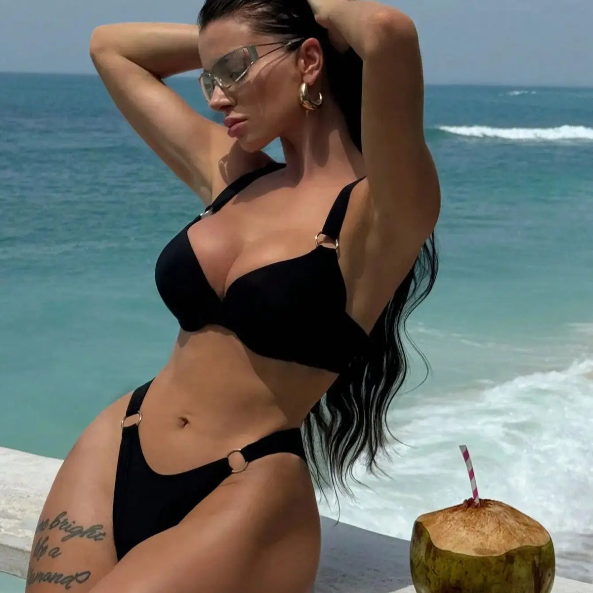 DEKA Underwire Bikini Set Women Halter High Cut Swimwear Solid Pleated Split Swimsuit Sexy Thongs Summer Holiday Bathing Suit