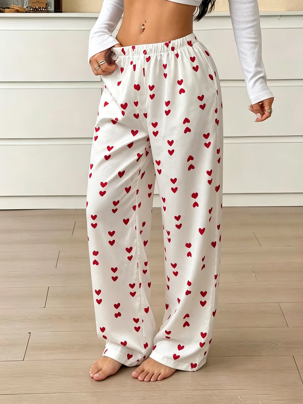New Summer Women Satin Pajama Pants Cute Heart Pattern Elastic Waist Loose Long Sleepwear Trousers Comfortable Home Lounge Pants