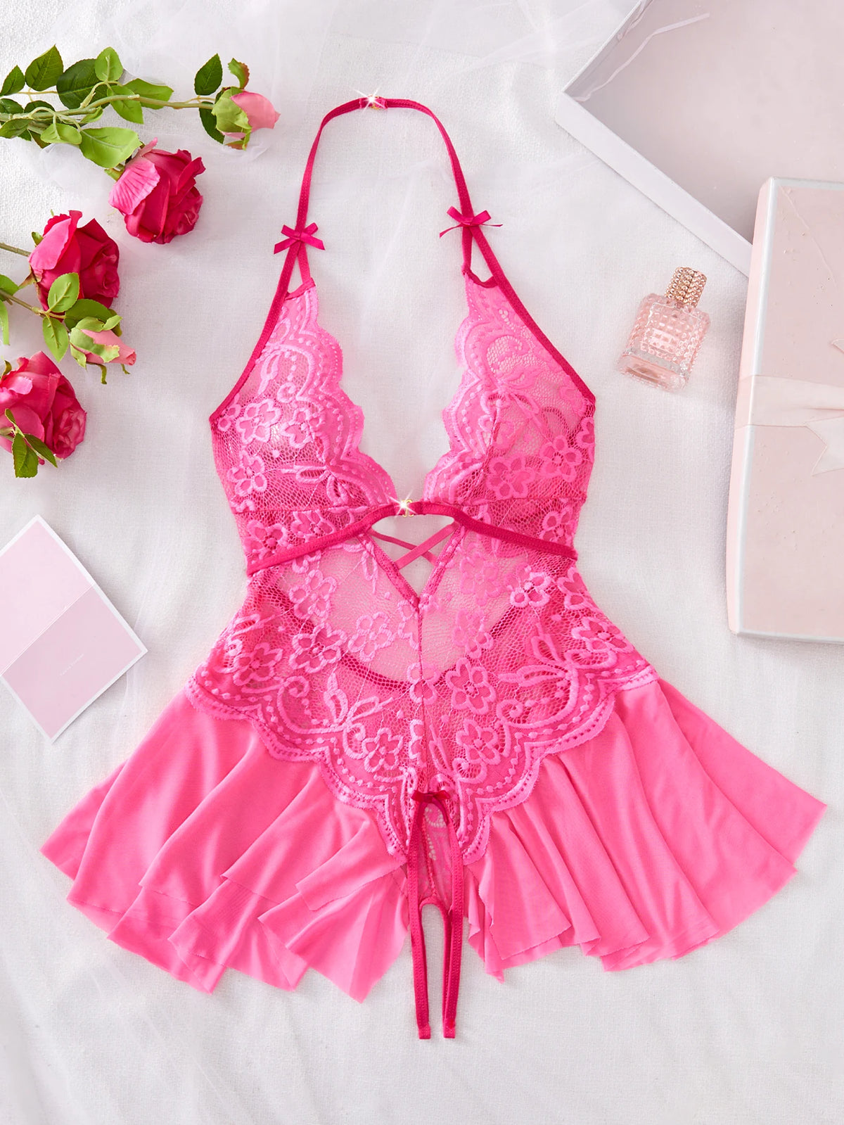 Bodycon Teddy Dress Crotchless Sheer Underwear Set Lace See Through Halter Deep V Sexy Lingerie Sultry Nightwear For Date Night