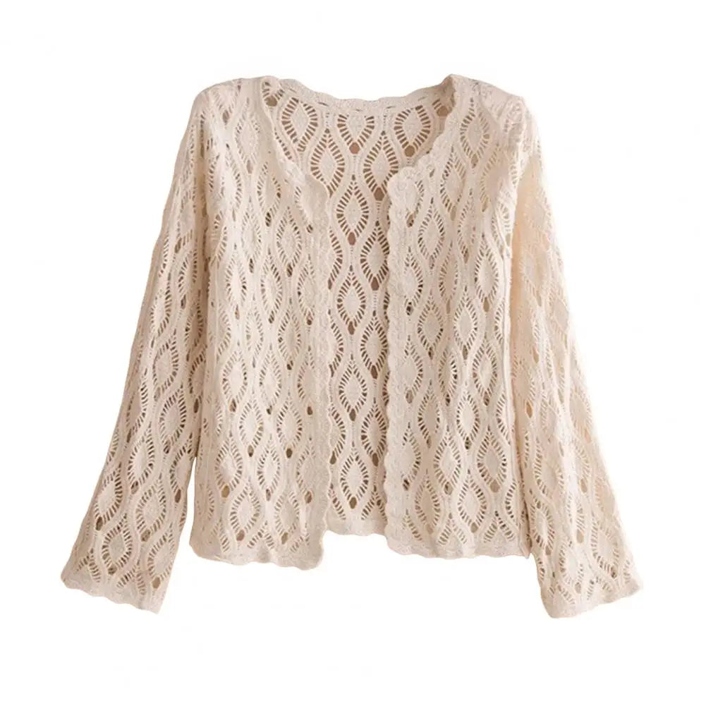 3/4 Sleeve Hollow Out Open Front Sheer Sweater Crochet Cardigan for Women Lightweight Boho Summer Beach Knit Shrug