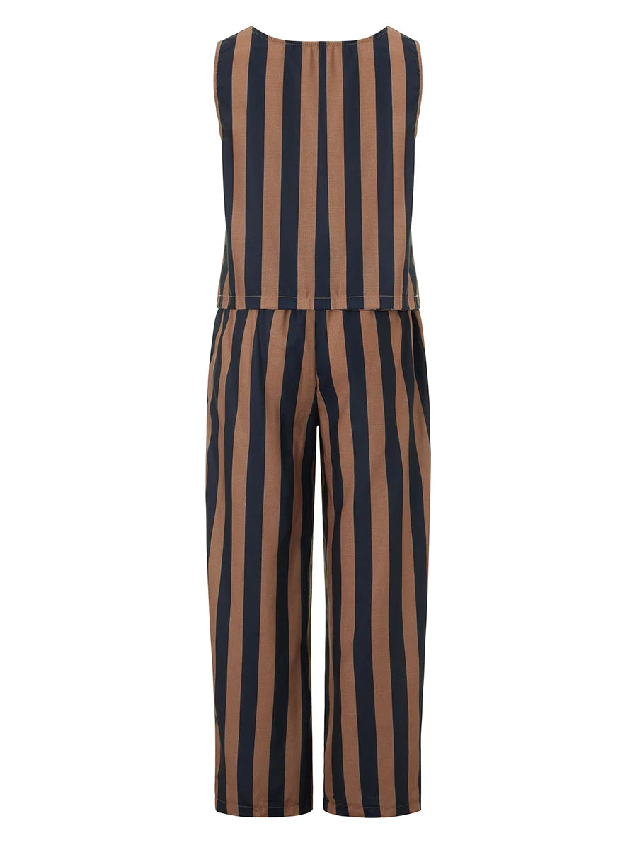 Women’s 2 Piece Summer Pant Outfits Sleeveless Plaid/Stripes Print Tank Tops + Pants Set Casual Streetwear