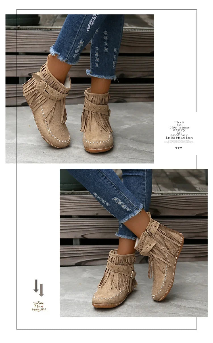 Vintage Women Boots Suede Ankle Boots Fringe Women Shoes Winter Boots Women Side Zipper Casual Shoes Ladies Snow Boot