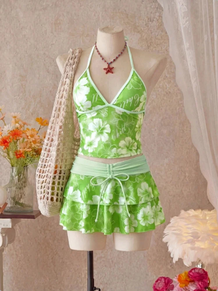 Vintage Green Floral Print Bikini Set 2026 Women Drawstring Pleate Skirt 3 Piece Swimsuit Beach Holiday Bathing Suit Swimwear