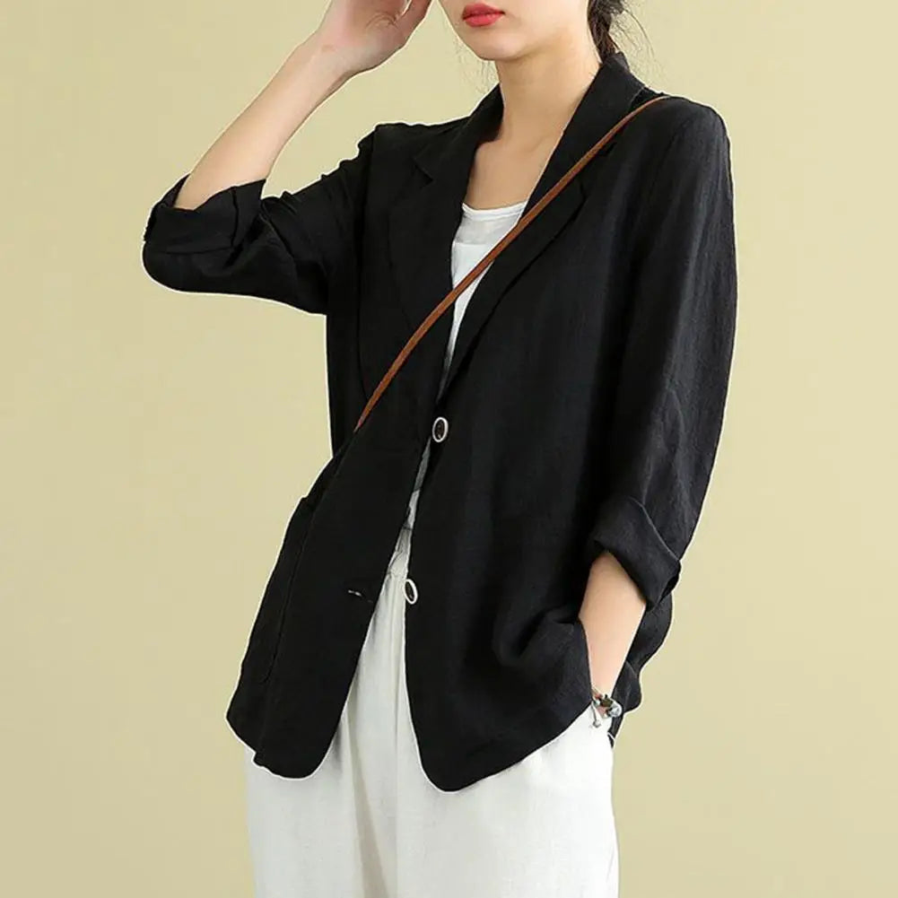 Vintage Long Sleeve Blazer Jacket Cotton Linen Coat for Women Casual Lapel 2 Buttons Thin Coat with Pockets