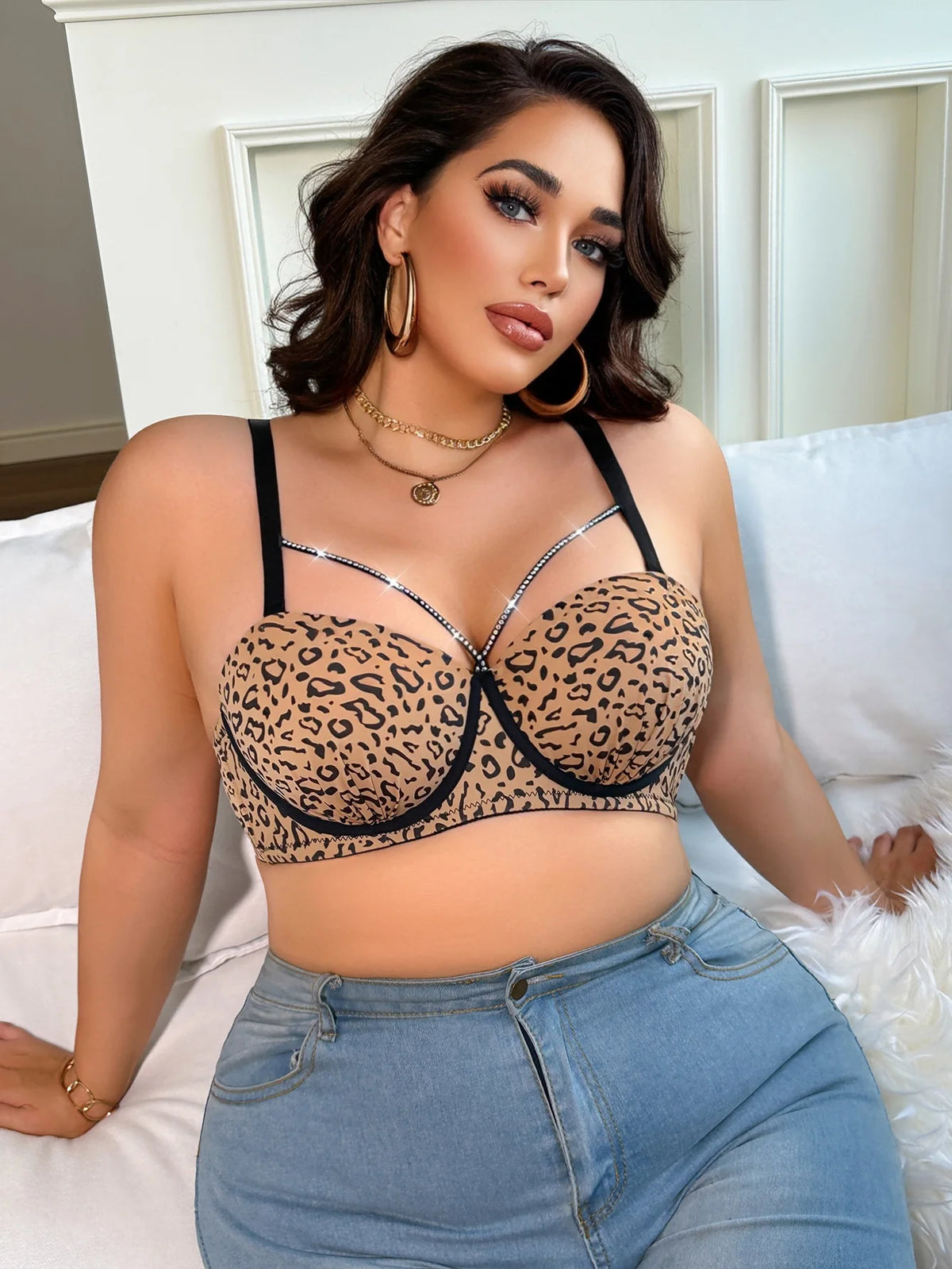 Plus Size Leopard Women Bra Wide Straps Thin Cup Push Up Bra Lifting Support Straps Comfortable Lingerie