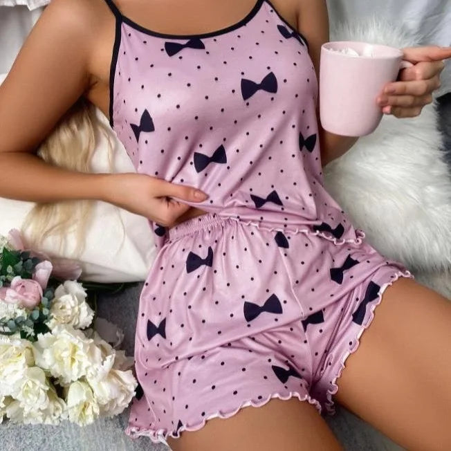 New women's sleepwear set with blue heart-shaped printed suspender casual elastic and comfortable sleepwear all season home wear