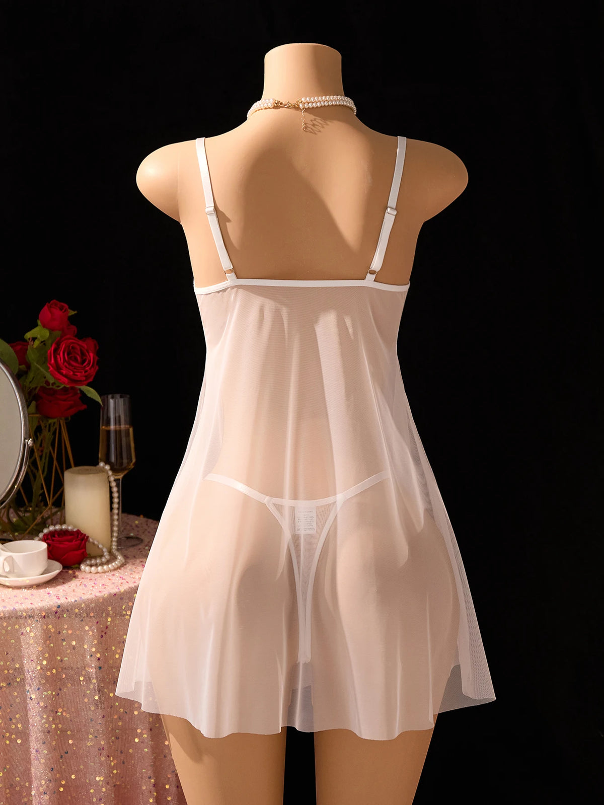 Pure white wedding-style lace net gauze nightgown set-French deep V cross straps sheer sexy pajama thong set for women ZA825096