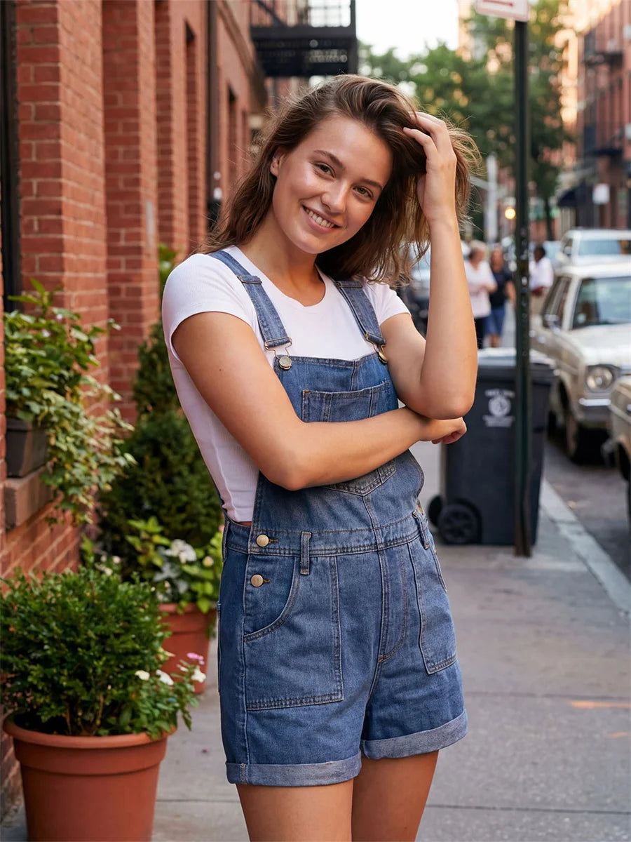 Summer Women Loose Denim Overalls Shorts Solid Color Sleeveless Suspender Jean Shorts Romper with Pockets Streetwear