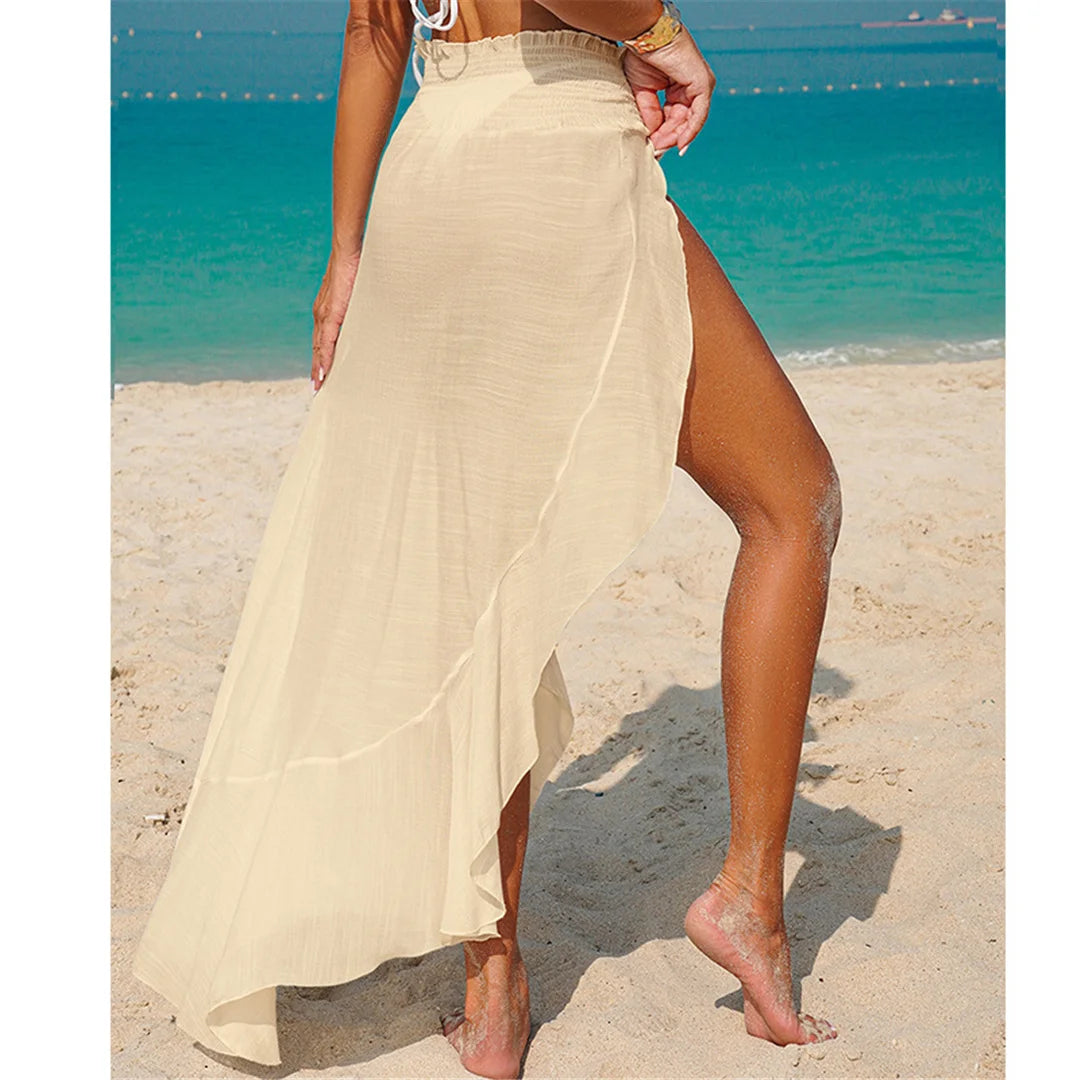 Solid High Slit Crochet Knitted Beach Skirt Tunic Beach Cover Up Cover-ups Beach Dress Beach Wear Beachwear Female Women V7584