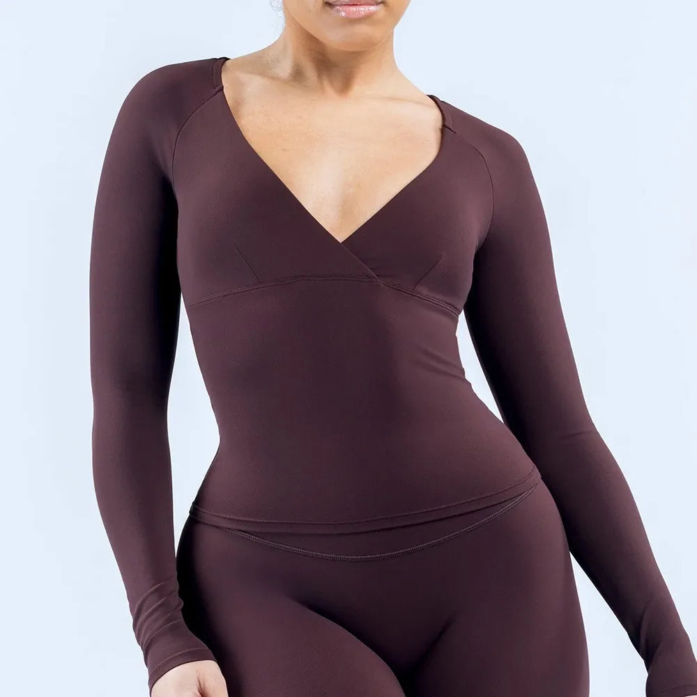 NCLAGEN Sports Tops Gym Women Long Sleeve V-neck Naked Feel Yoga Shirt With Built-in Bra Fitness Workout Clothes Pilates Blouse
