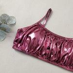 Shiny Pink Micro Thong 3 Piece Bikini Set Damen Women 2026 Sexy Swimsuit with Skirt Cover Up Bandeau Swimwear Beachwear Bikinis
