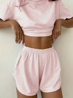 2026 New Women's Striped Pajama Set Summer Short-Sleeved T-Shirt and Shorts 2-Piece Set Home Wear Casual Loose Round Neck Pajama