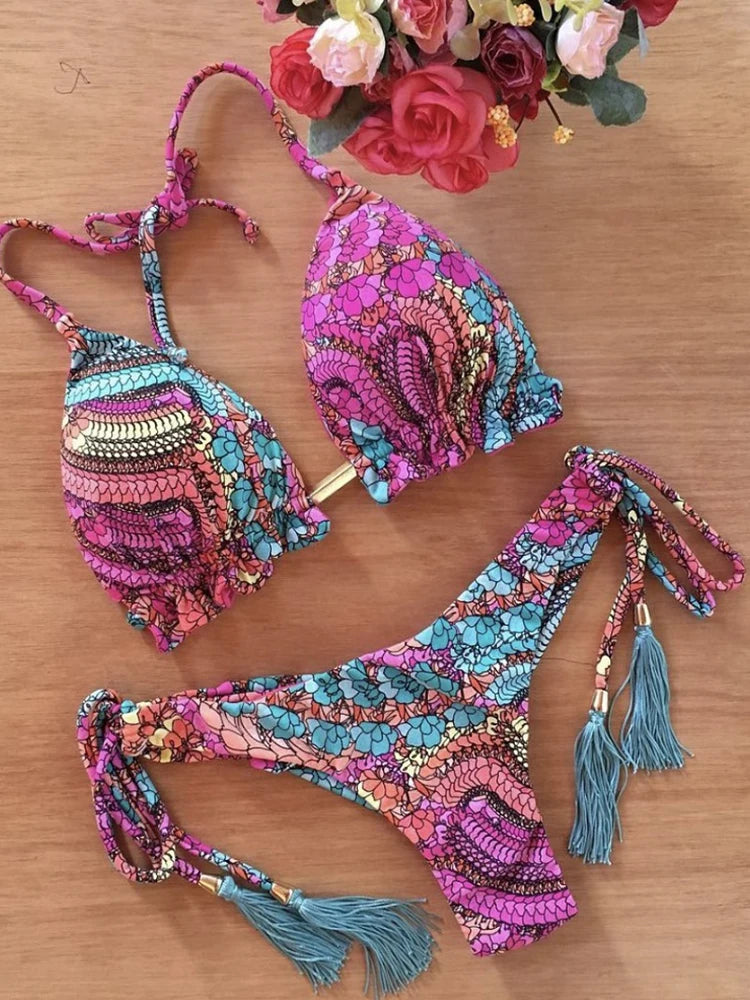 Sexy Bikini Floral Print Swimwear String Bikini Set Push Up Swimsuit Bikinis Women Biquini Beach Bathing Suit Women