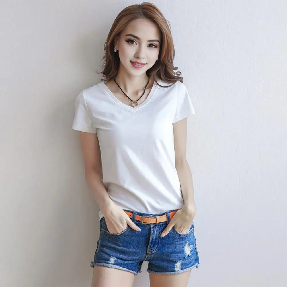 Women Summer T-shirt V-neck Short Sleeve Slim Fit T-shirt Solid Color Pullover Tops Women Bottoming Shirt Streetwear