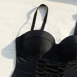 Solid Color Black One Piece Swimsuit for Women Sexy High Waist Bandage Hollow Out Monokini Bikini Underwire Push Up Swimwear