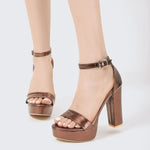 Gold Size35-42 Sandals Women's Thick Heel Square Head Buckle Waterproof Table Open Toe Hollow Word with High Heel Sandals