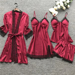 4 Pieces Women's Sexy Lace Pajamas Fashion V-Neck Gown Comfort Pajamas Pajamas Pajamas With Chest Pads Nightdress Casual Loungew