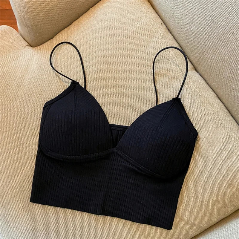 Women Tank Top With Built In Bras Fixed Cup Anti Glare Streetwear Crop Tops Female Seamless Underwear Padded Camisole Summer