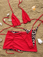 2026 Summer Leopard Print 3 Pieces Suit Swimwear Reversible Sexy Halter Lace-up Bikini Set Drawstring Skirt Cover Up Beachwear