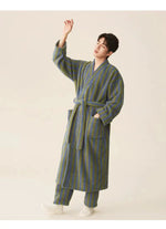Thickened Flannel Robe Pants Pajamas Set Autumn Winter New Couple Coral Velvet Women Men Bathrobe Striped Lengthed Home Clothes