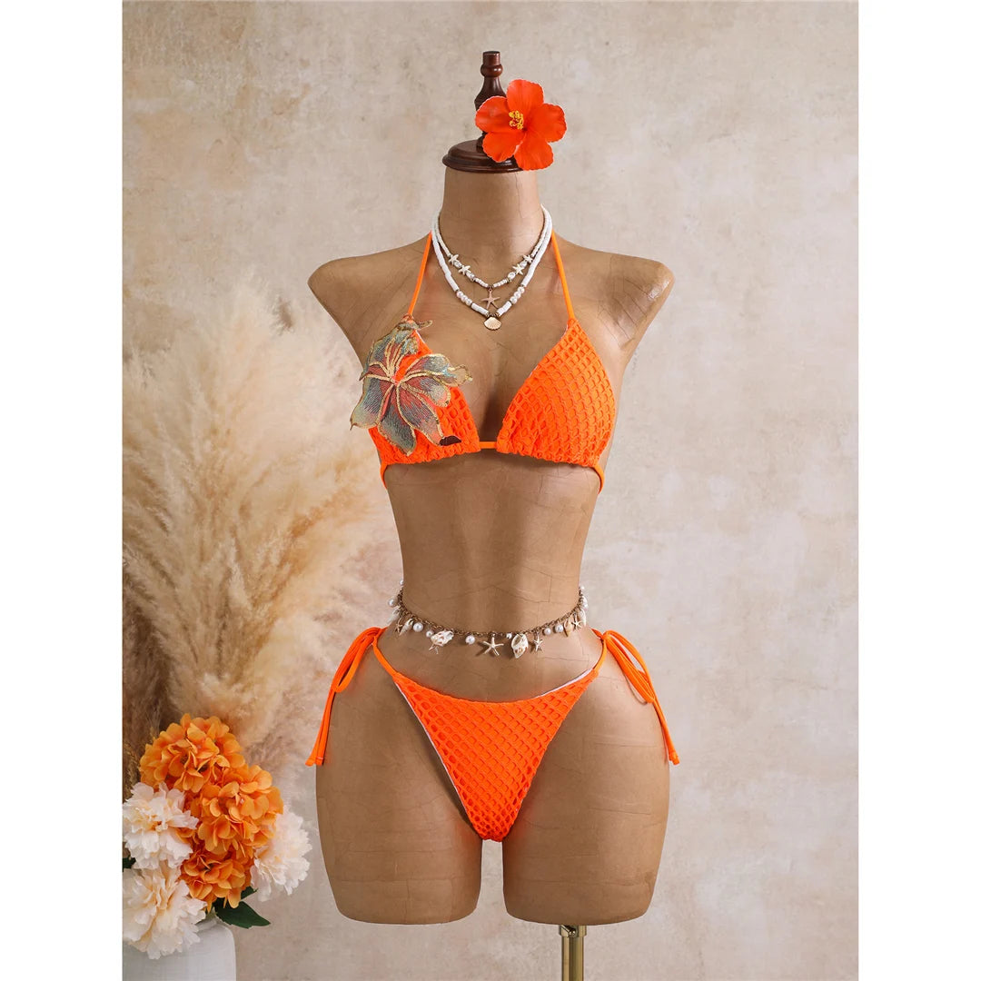 With Skirt 3D Flower Halter Bikini Women Swimwear Female Swimsuit Three-Pieces Bikini Set Padded Bather Bathing Suit SwimV8346