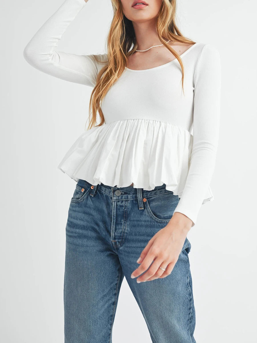 Women Long Sleeve Fall Peplum Tops Casual Solid Color Ruffled Hem Basic T-shirts Streetwear
