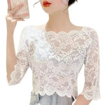 Women Summer Cropped Tops See-through Embroidery Lace Top One-word Collar Half Sleeve Blouse Pullover Tops