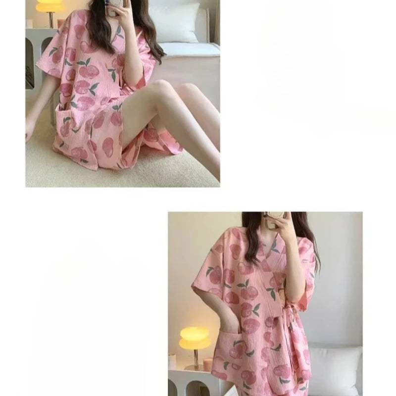 Womens Nightwear Loungewear Kimono Pajamas Student Short Sleeves Shorts Peach Print Tops and Pants Set Sleepwear Comfortable