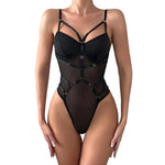 Womens Sleeveless Bodysuits Solid Color PU Leather Bandage Leotard Body Top See Through Mesh Tops