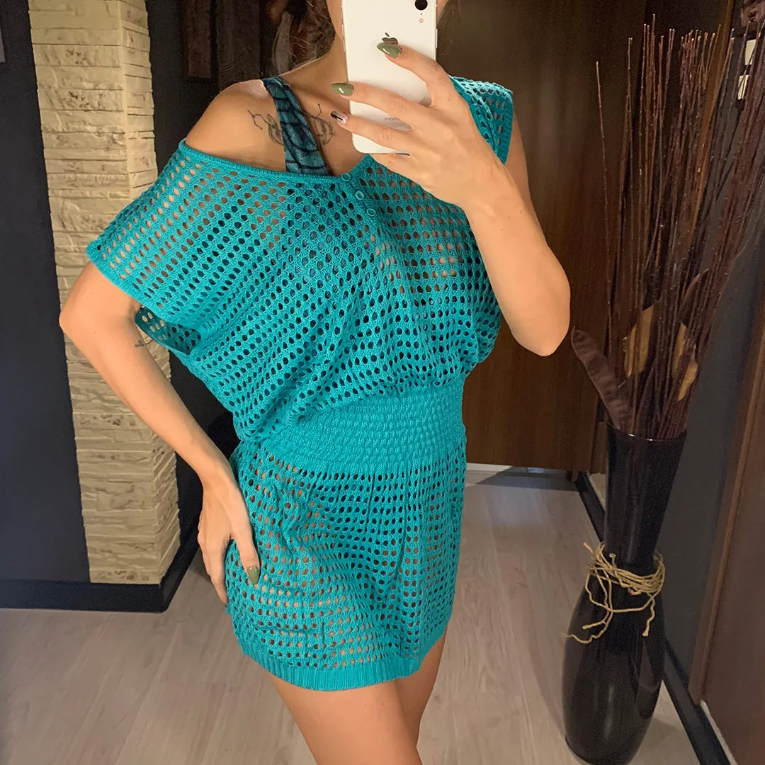 5 Colors New Crochet Knitted Beach Cover Up Dress Tunic Long Pareos Bikinis Cover Ups Swim Cover Up Robe Plage Beachwear V2053