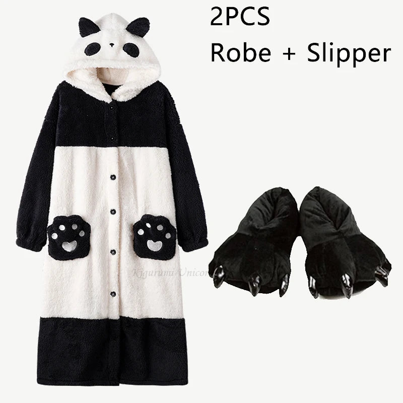 Cartoon Panda Plush Pajamas Robes Anime Adult Nightgown Winter Long Sleeve Night Dress Halloween Party Comfy Kawaii Girl Slipper
