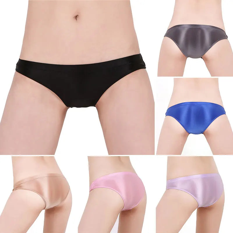 See Through Low Waist Briefs Silky Shiny Satin Panties Sexy Underwear Erotic Lingerie Women's Ultra-Thin Oily Glossy Underpants