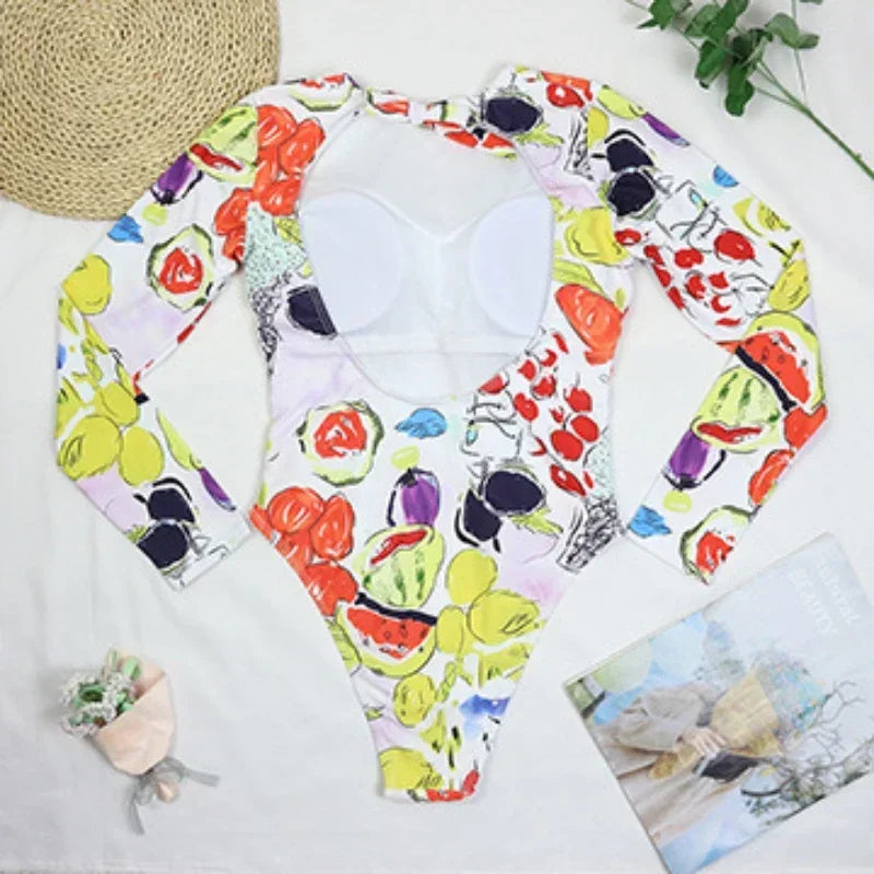 2026 Sexy One Piece Swimsuit Swimwear Women Long Sleeve Backless Vegetables Fruits Print Sports Surfing Bathing Suit Beachwear
