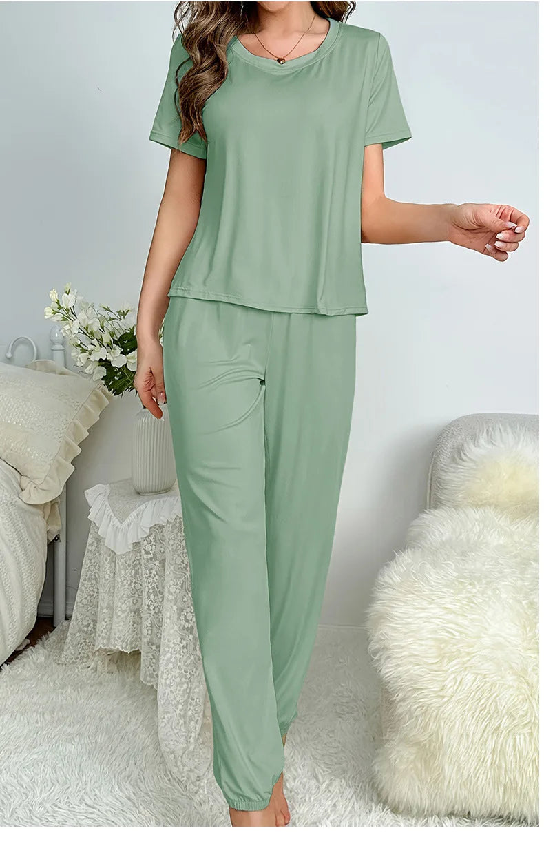 Women's Sleepwear Spring and Summer New Pajamas Women's Short-sleeved Trousers Set Classic Solid Color Casual Loungewear