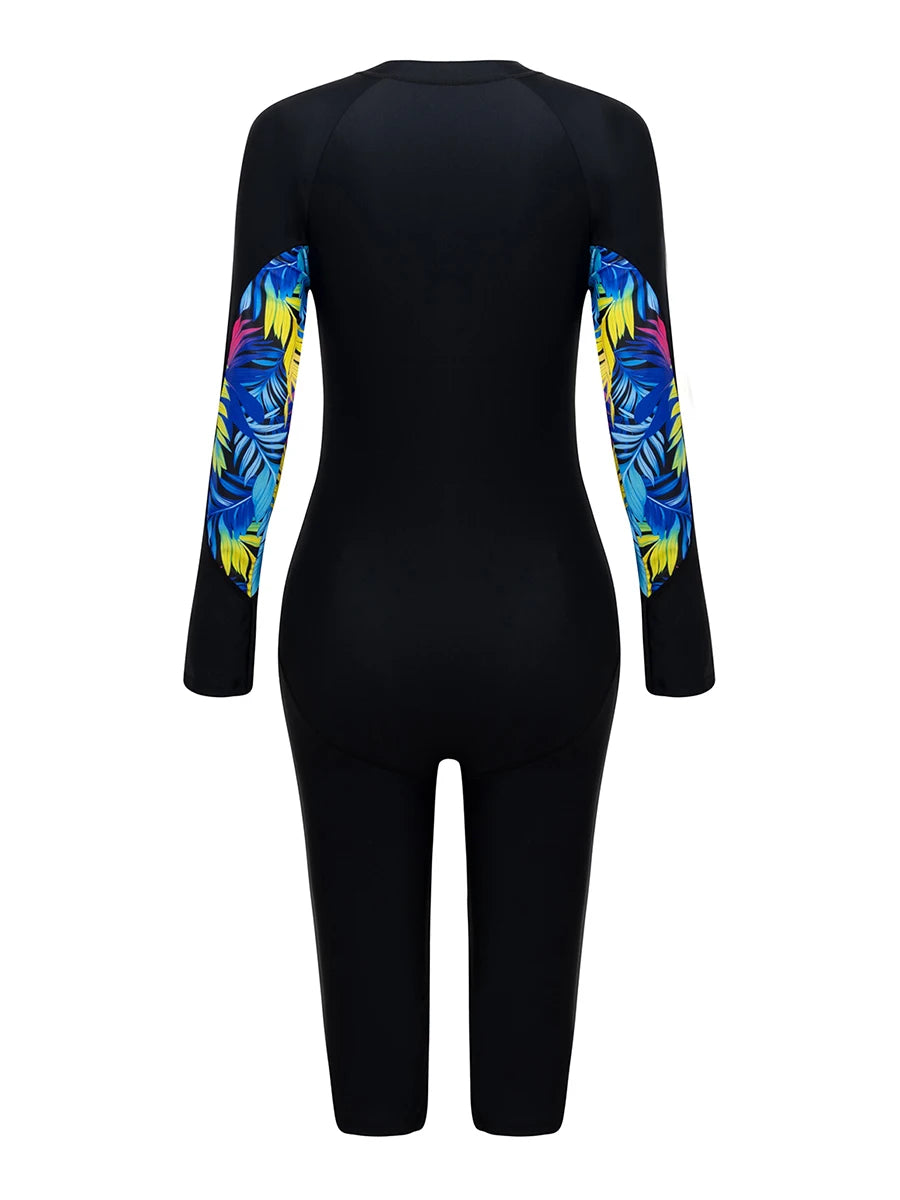 2026 Zipper Rushguard Long Sleeve Surfing Swimsuit Women One Piece Printed Swimwear Female Bather Bathing Swimming Swim Suit XXL