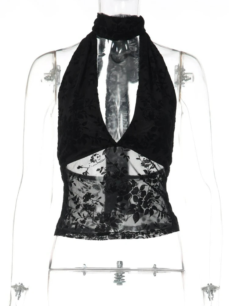 FDYOUI Woman Clothes Elegant Bandage Mesh Corset Tops 2026 Female Halter V-neck Lace-up Tank Top Black T-shirt Y2K Streetwear